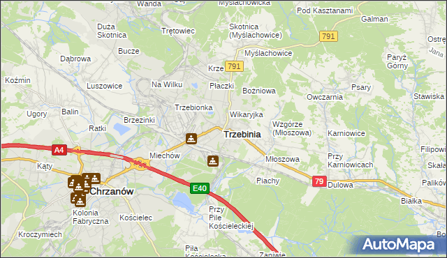 mapa Trzebinia powiat chrzanowski, Trzebinia powiat chrzanowski na mapie Targeo