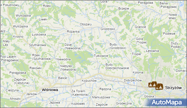 mapa Tułkowice gmina Wiśniowa, Tułkowice gmina Wiśniowa na mapie Targeo