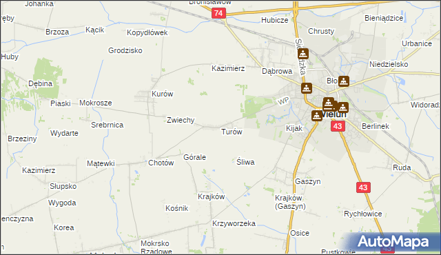 mapa Turów gmina Wieluń, Turów gmina Wieluń na mapie Targeo