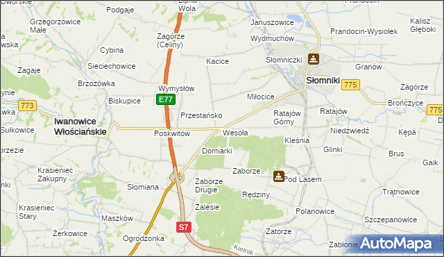 mapa Wesoła gmina Słomniki, Wesoła gmina Słomniki na mapie Targeo