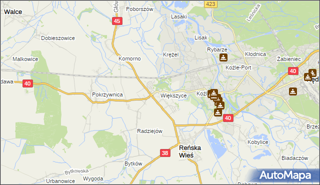 mapa Większyce, Większyce na mapie Targeo