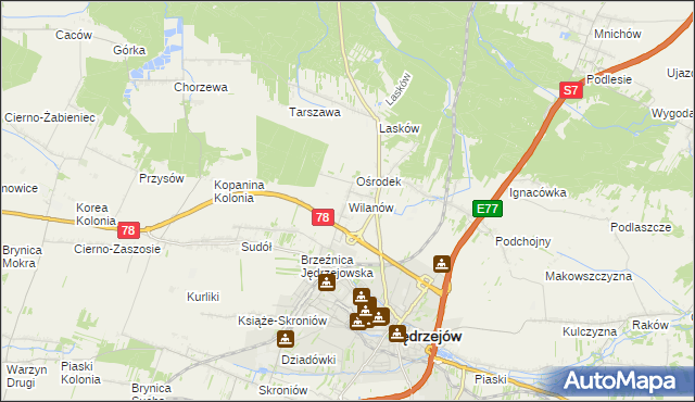 mapa Wilanów gmina Jędrzejów, Wilanów gmina Jędrzejów na mapie Targeo