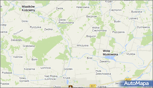 mapa Wilczyska gmina Wola Mysłowska, Wilczyska gmina Wola Mysłowska na mapie Targeo