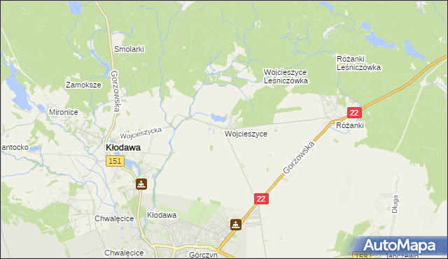 mapa Wojcieszyce gmina Kłodawa, Wojcieszyce gmina Kłodawa na mapie Targeo