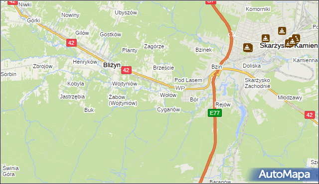 mapa Wołów gmina Bliżyn, Wołów gmina Bliżyn na mapie Targeo