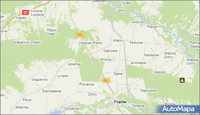 mapa Wrzosy gmina Popów, Wrzosy gmina Popów na mapie Targeo