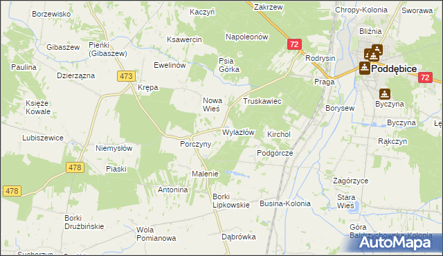 mapa Wylazłów gmina Poddębice, Wylazłów gmina Poddębice na mapie Targeo