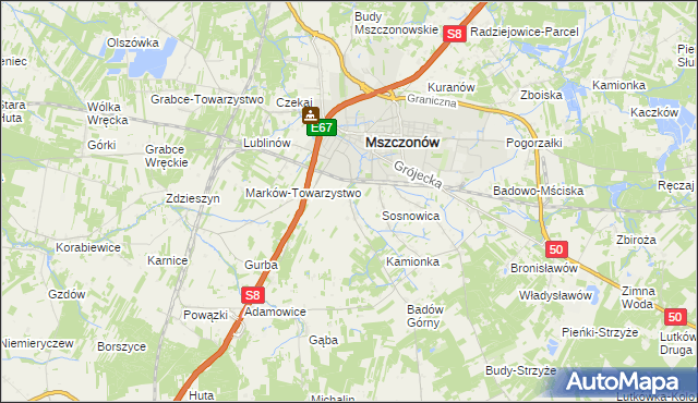 mapa Wymysłów gmina Mszczonów, Wymysłów gmina Mszczonów na mapie Targeo