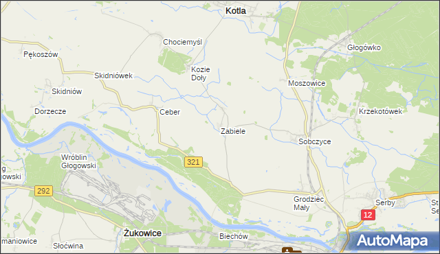 mapa Zabiele gmina Kotla, Zabiele gmina Kotla na mapie Targeo
