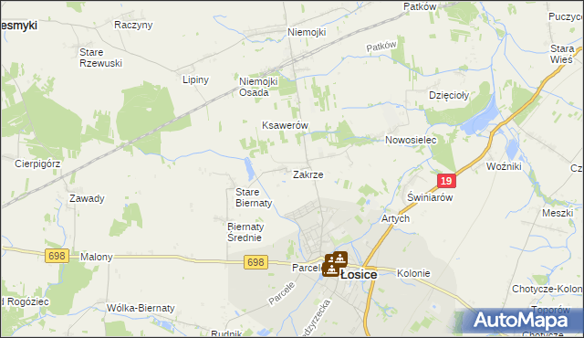 mapa Zakrze gmina Łosice, Zakrze gmina Łosice na mapie Targeo