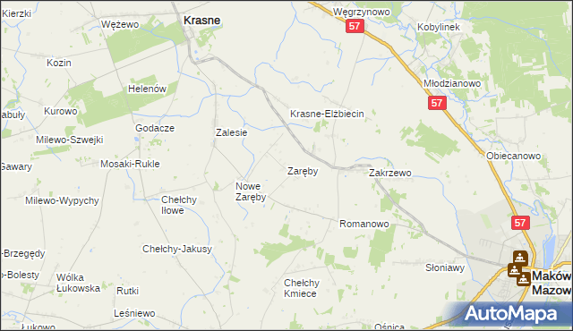 mapa Zaręby gmina Karniewo, Zaręby gmina Karniewo na mapie Targeo