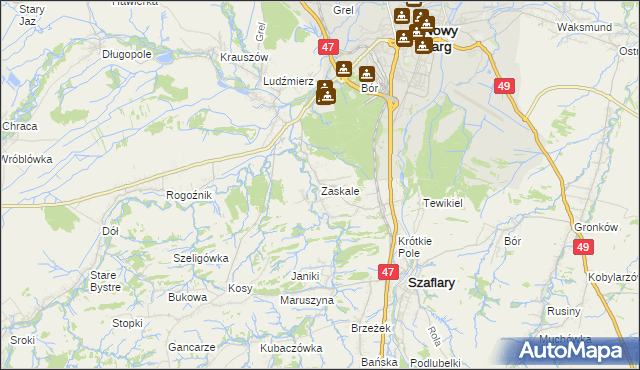mapa Zaskale gmina Szaflary, Zaskale gmina Szaflary na mapie Targeo