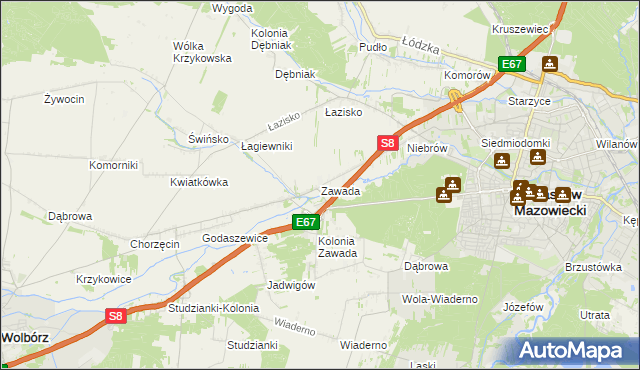 mapa Zawada gmina Tomaszów Mazowiecki, Zawada gmina Tomaszów Mazowiecki na mapie Targeo