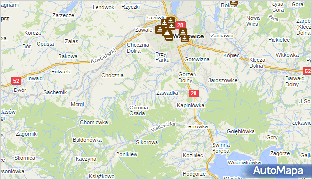 mapa Zawadka gmina Wadowice, Zawadka gmina Wadowice na mapie Targeo
