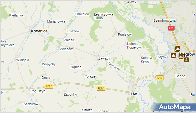 mapa Zawady gmina Liw, Zawady gmina Liw na mapie Targeo