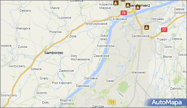 mapa Zawierzbie gmina Samborzec, Zawierzbie gmina Samborzec na mapie Targeo