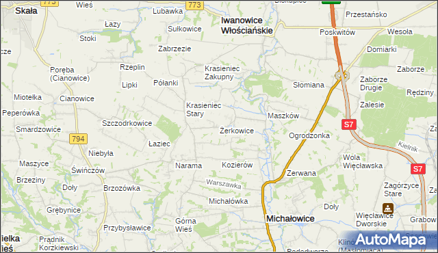 mapa Żerkowice gmina Iwanowice, Żerkowice gmina Iwanowice na mapie Targeo