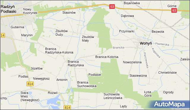 mapa Branica-Kolonia gmina Wohyń, Branica-Kolonia gmina Wohyń na mapie Targeo