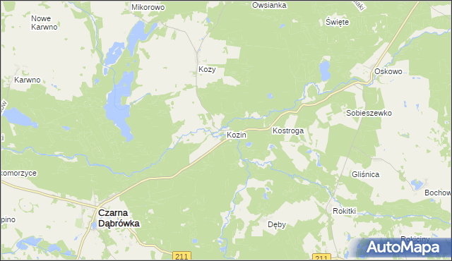 mapa Kozin gmina Czarna Dąbrówka, Kozin gmina Czarna Dąbrówka na mapie Targeo