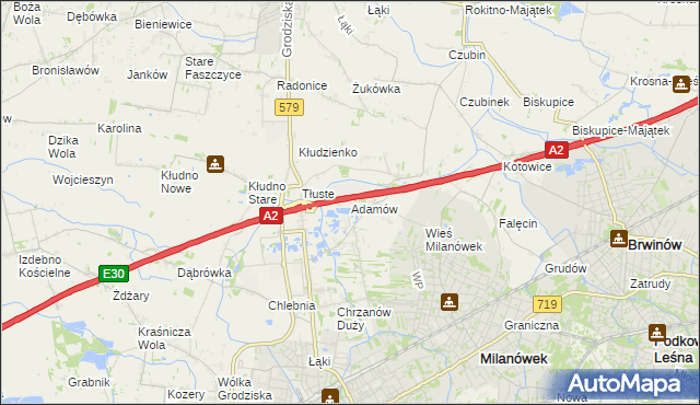 mapa Adamów gmina Grodzisk Mazowiecki, Adamów gmina Grodzisk Mazowiecki na mapie Targeo