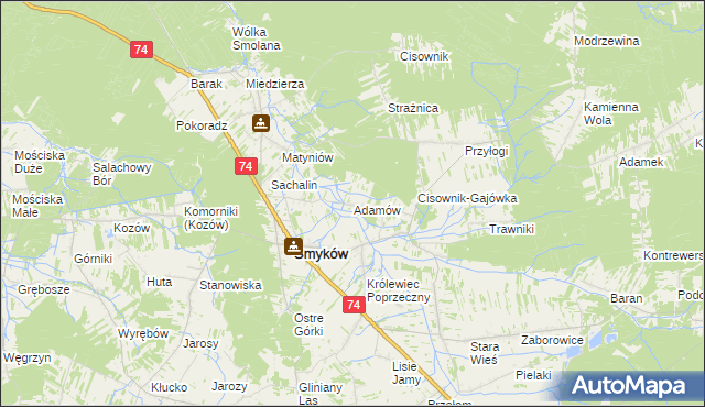 mapa Adamów gmina Smyków, Adamów gmina Smyków na mapie Targeo