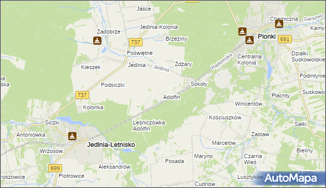 mapa Adolfin gmina Pionki, Adolfin gmina Pionki na mapie Targeo