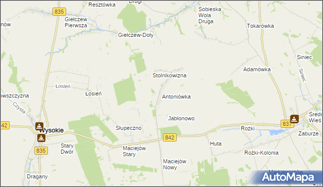mapa Antoniówka gmina Wysokie, Antoniówka gmina Wysokie na mapie Targeo
