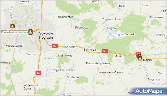 mapa Bachorza gmina Sokołów Podlaski, Bachorza gmina Sokołów Podlaski na mapie Targeo