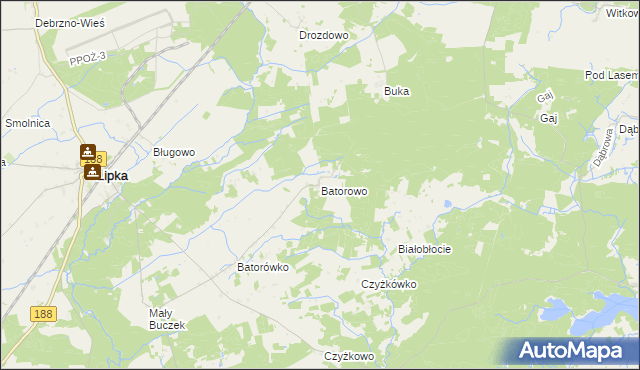 mapa Batorowo gmina Lipka, Batorowo gmina Lipka na mapie Targeo