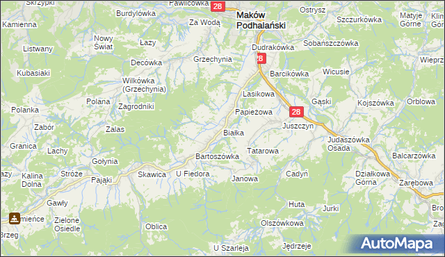 mapa Białka gmina Maków Podhalański, Białka gmina Maków Podhalański na mapie Targeo