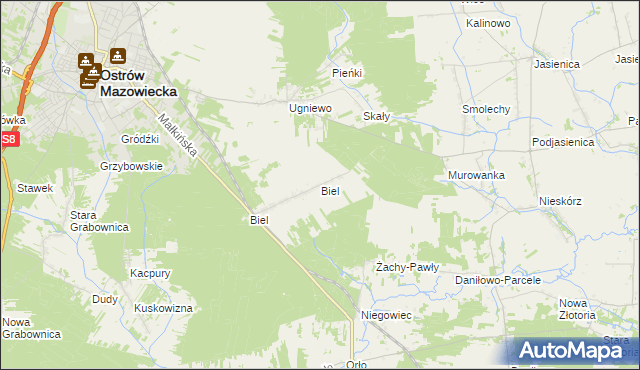 mapa Biel gmina Ostrów Mazowiecka, Biel gmina Ostrów Mazowiecka na mapie Targeo