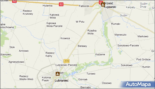 mapa Bielawy gmina Lubraniec, Bielawy gmina Lubraniec na mapie Targeo