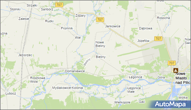 mapa Bieliny gmina Nowe Miasto nad Pilicą, Bieliny gmina Nowe Miasto nad Pilicą na mapie Targeo
