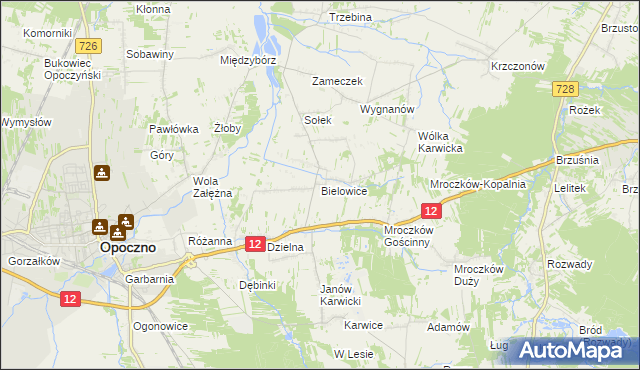 mapa Bielowice gmina Opoczno, Bielowice gmina Opoczno na mapie Targeo