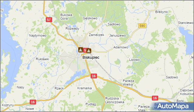 mapa Biskupiec-Kolonia Druga, Biskupiec-Kolonia Druga na mapie Targeo