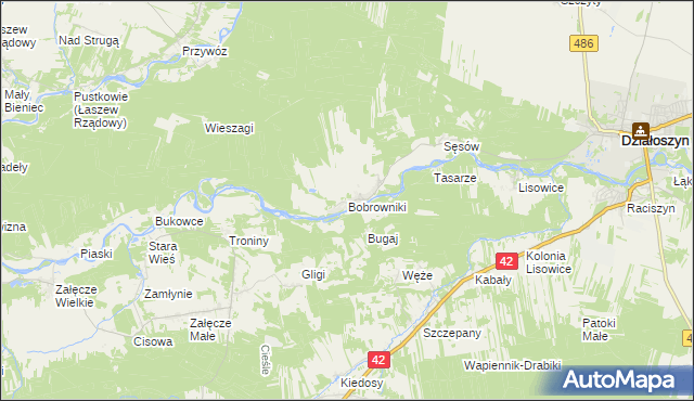 mapa Bobrowniki gmina Działoszyn, Bobrowniki gmina Działoszyn na mapie Targeo