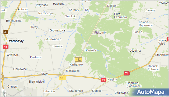 mapa Borowiec gmina Wieluń, Borowiec gmina Wieluń na mapie Targeo