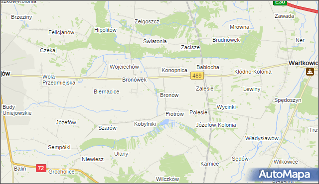 mapa Bronów gmina Wartkowice, Bronów gmina Wartkowice na mapie Targeo