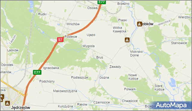 mapa Brus gmina Jędrzejów, Brus gmina Jędrzejów na mapie Targeo