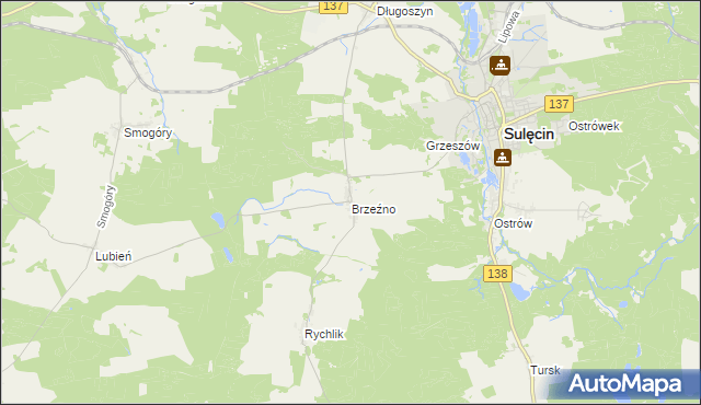 mapa Brzeźno gmina Sulęcin, Brzeźno gmina Sulęcin na mapie Targeo