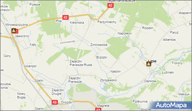 mapa Brzózki gmina Lipie, Brzózki gmina Lipie na mapie Targeo