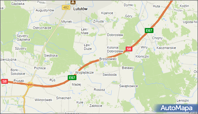 mapa Brzozowiec gmina Lututów, Brzozowiec gmina Lututów na mapie Targeo