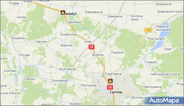 mapa Budków gmina Żarnów, Budków gmina Żarnów na mapie Targeo