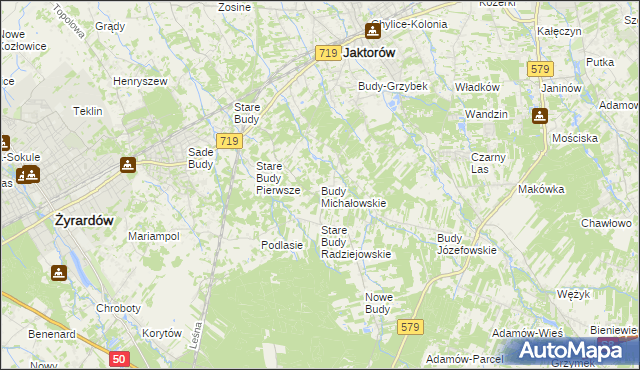 mapa Budy Michałowskie gmina Jaktorów, Budy Michałowskie gmina Jaktorów na mapie Targeo
