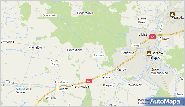 mapa Budzów gmina Gorzów Śląski, Budzów gmina Gorzów Śląski na mapie Targeo