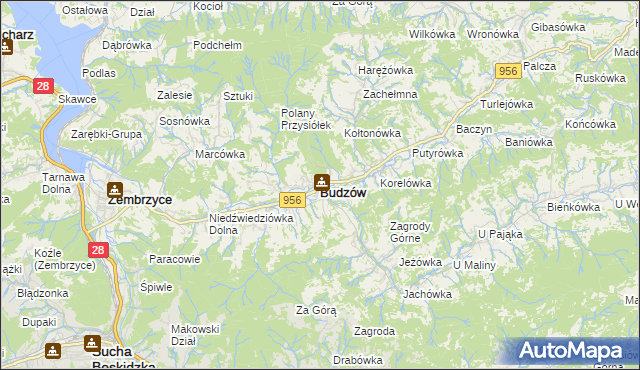 mapa Budzów powiat suski, Budzów powiat suski na mapie Targeo