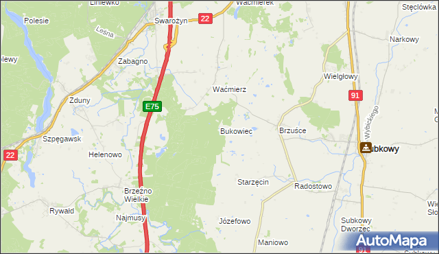 mapa Bukowiec gmina Subkowy, Bukowiec gmina Subkowy na mapie Targeo