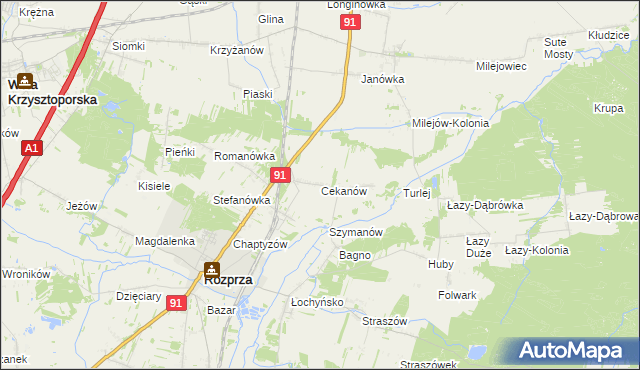 mapa Cekanów gmina Rozprza, Cekanów gmina Rozprza na mapie Targeo