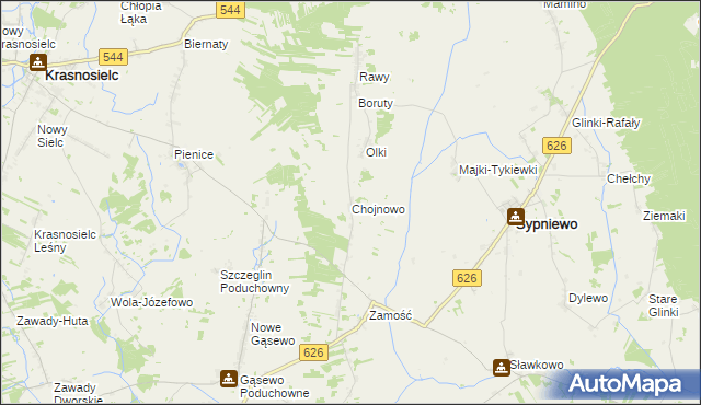 mapa Chojnowo gmina Sypniewo, Chojnowo gmina Sypniewo na mapie Targeo