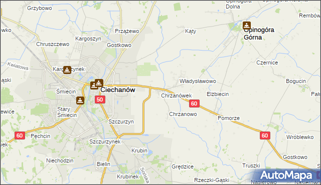 mapa Chrzanówek gmina Opinogóra Górna, Chrzanówek gmina Opinogóra Górna na mapie Targeo